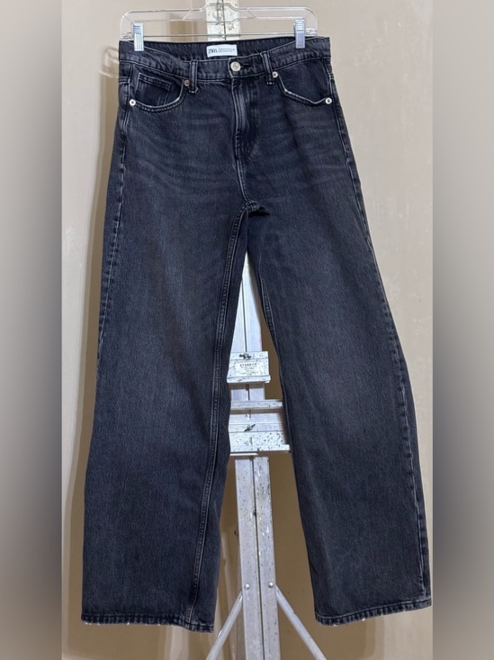 Zara Wide-Leg Jeans Washed Black High-Rise Waist Sz 4